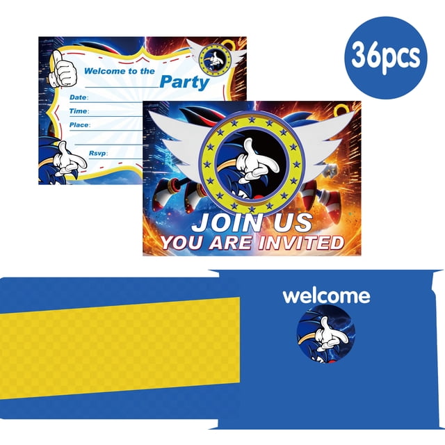 36 Pcs Blue Hedgehog Birthday Invitations, Anime Theme Birthday Party ...