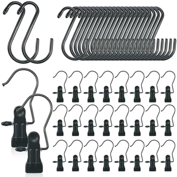 36 Pcs Boot Hanger Clips and 36 Pcs Large S Hooks, Heavy Duty Single Clips for Pants Non Slip Rubber Coated 5.7 Inches Black Portable S Hanging Hooks for Closet Laundry Clothes Jeans Towels