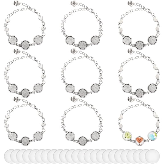 36 Pcs Bracelet Bezel Settings Kits Adjustable Round Cabochon Bezel Tray Star Moon Heart Shape Bracelet Anklets Blank with 12mm Round Cabochon Settings Bezel Tray for Jewelry Making for DIY