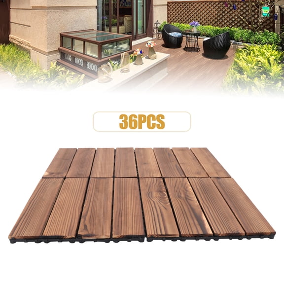 36 Pcs Brown Hardwood Interlocking Patio Deck Tiles Larch Solid Wood Interlocking Flooring Tiles with Snap Connection