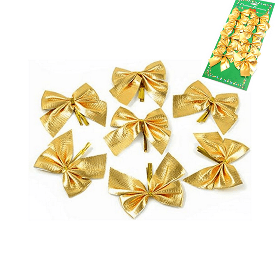 36 Pcs Christmas Bows Mini Xmas Tree Bow Glitter Christmas Holiday Wreath Accessories Merry Ornament Pendant, Gold