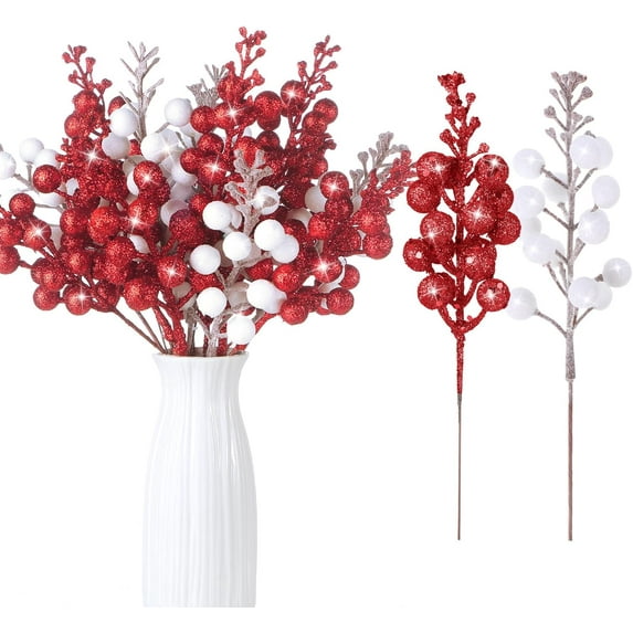 36 Pcs Christmas Glittered Berries Stems 7.9 Inch Artificial Berries Sprays Branches Floral Pick for Christmas Tree Ornament, DIY Xmas Wreath, Crafts, Home Decor
