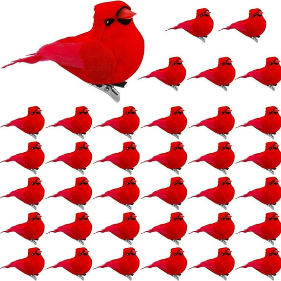 36 Pcs Clip-On Red Cardinal Christmas Tree Ornaments – Faux Feather Mini Birds Decorations for Holiday Tree, Garland, Wreath, Outdoor Arrangement, Craft Floral Displays, Winter Seasonal Decoration
