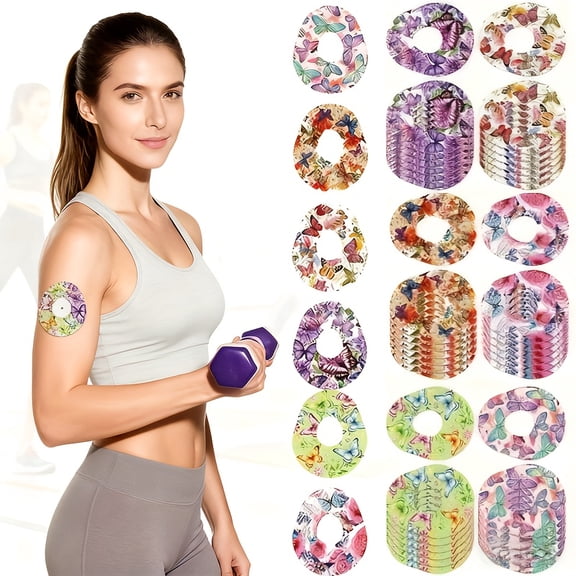 36 Pcs Colored Butterfly Pattern Sports Protection Patches for Dexcom G7 & CGM, Sweat-Proof, Waterproof, Long-Lasting Adhesive Patches for Glucose Monitoring, for Fitness, Swimming & Workouts