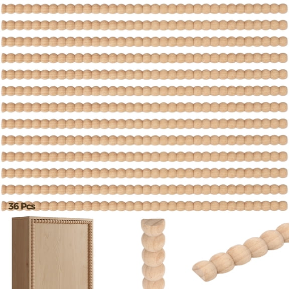 36 Pcs Decorative Beaded Wood Trims, 15.75" Unfinished Wooden Trim Strips, 3D Half Round Wood Moldings for DIY Furniture and Crafts, Paintable Wood Pearl Edging for Cabinets, Doors