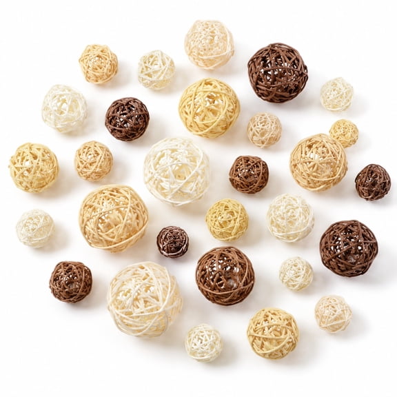 36 Pcs Decorative Rattan Balls Set, Natural Wicker Orbs Vase Filler for Home Decor, Boho Centerpieces and Table Styling, Rustic Brown and White Accent Balls for Seasonal Decoration and Events