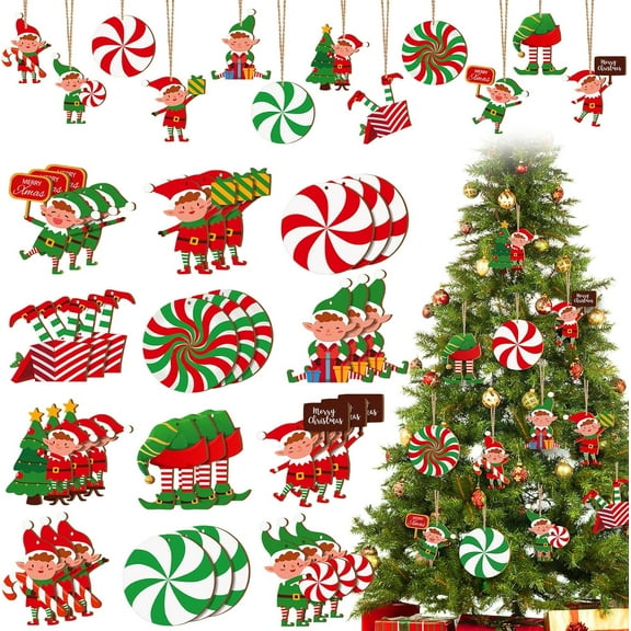 36 Pcs Elf Christmas Tree Ornaments Set Wooden Candy Christmas Decoration Elf Tree Ornaments Elves Hanging Charms Peppermint Wood Decorations