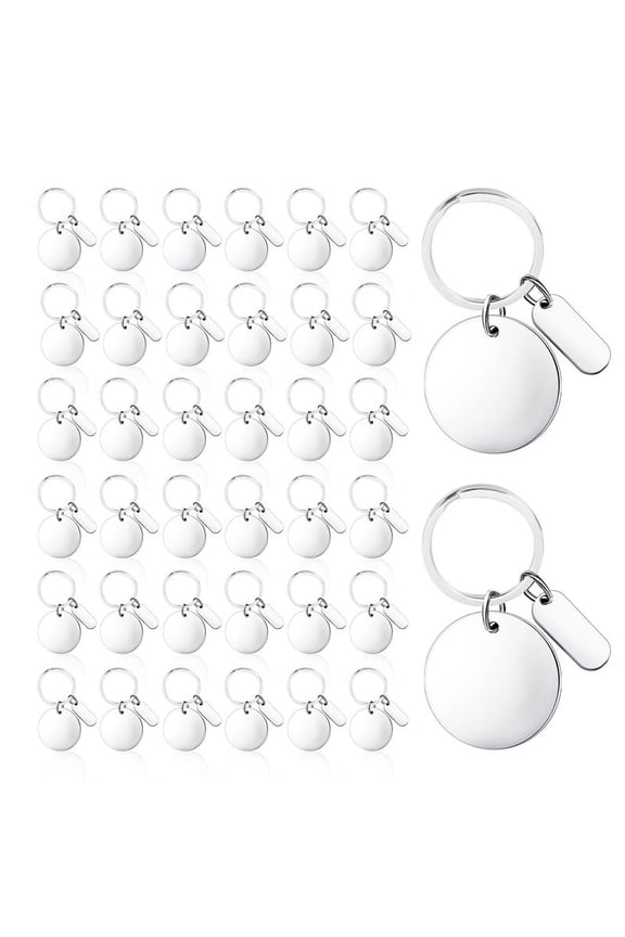 Symkmb 36 Pcs Engravable Metal Keychain Blanks Metal Blank Key Ring Metal Stamping Tags KeyRing Tags for DIY Metal Silver