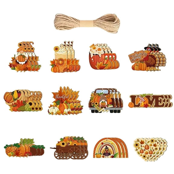 36 Pcs Fall Tree Ornaments - Wooden Thanksgiving Hanging Decor with Gnomes, Pumpkins & Leaves, 12 Styles