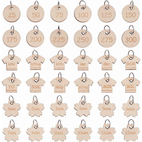 36 Pcs Flat Round Wood Pendant Locking Stitch Markers 23mm Long Wooden Crochet Stitch Marker Charms Removable Locking Stitch Markers Round Clothes Shape Flower Shape Pendants Bisque