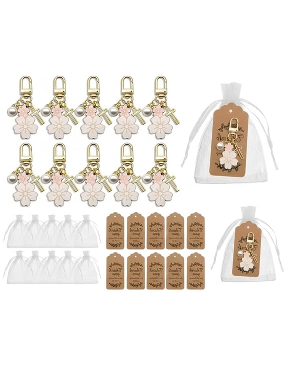 36 Pcs Floral Cross Keychain Gift Set, Includes 12 Keychains 12 Thank You Cards 12 Organza Bags, Religious Party Favors Bulk for Women Friends Birthday Gathering Keepsake Gifts
