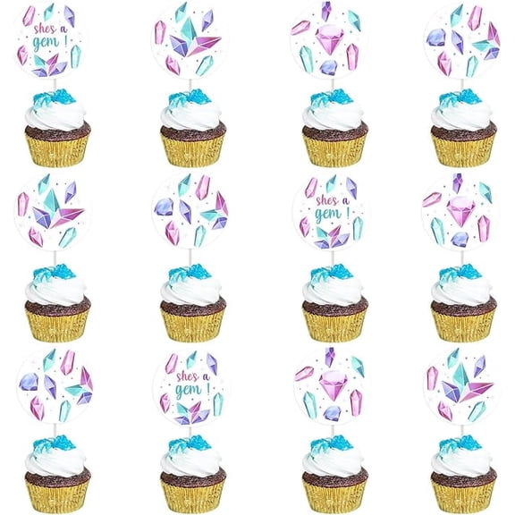 36 Pcs Glitter Gemstone Cupcake Toppers, She is a Gem Jewel Cake Decorations, Lets Rock Diamond Cake Decor for Birthday Bridal Shower Engagement Wedding Bachelorette Party Supplies