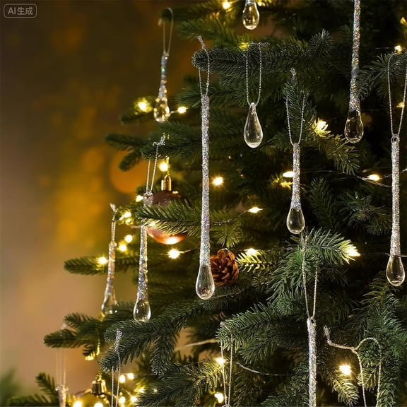 36 Pcs Glitter Glass Raindrop Christmas Ornaments Icicle Clear Teardrop Hanging Ornaments Silver Xmas Tree Crystal Hanging Raindrop D rations for Xmas Tree Winter New Year Party Supplies