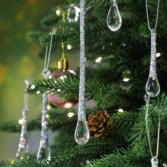36 Pcs Glitter Glass Raindrop Christmas Ornaments Icicle Clear Teardrop Hanging Ornaments Silver Xmas Tree Crystal Hanging Raindrop D rations for Xmas Tree Winter New Year Party Supplies