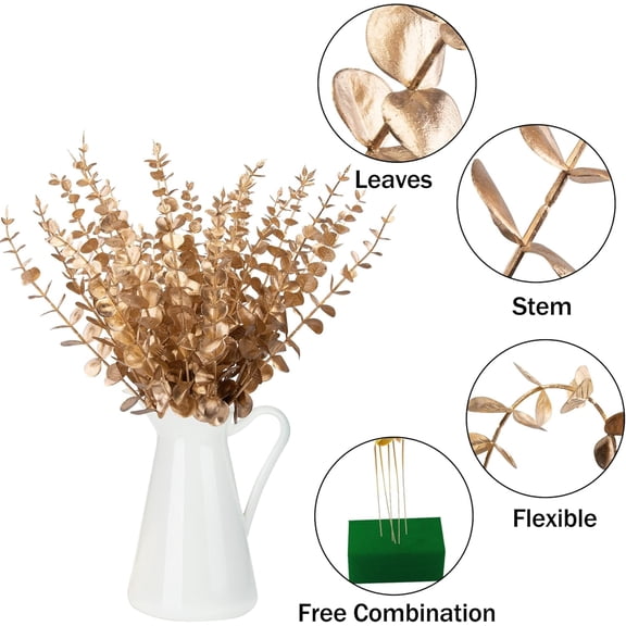 36 Pcs Gold Eucalyptus Stems Artificial Eucalyptus Leaves Decor Eucalyptus Branches Fake Eucalyptus with Fake Leaves 15 inch Faux Eucalyptus Stem for Vase Wedding Bouquet Home