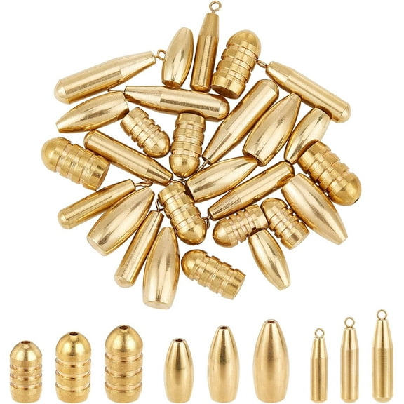 36 Pcs Golden Brass Bullet Weight 9 Styles Threaded Copper Bullet Fishing Sinker Bullet Shot Weight Worm Sinker Weight Set for Texas Rig and Carolina Rig Fishing DIY