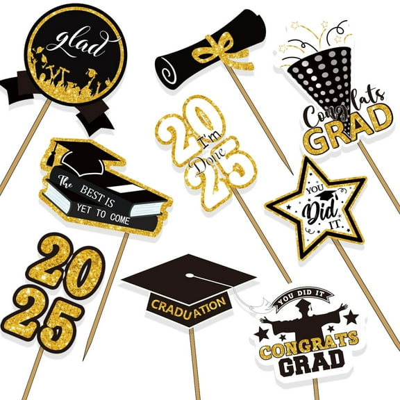 36 Pcs Graduation Centerpiece Sticks, Class of 2025 Black Gold Cake Topper Picks for Grad Party Table Decorations, One Size, Paper with Bamboo, Clearance Gold