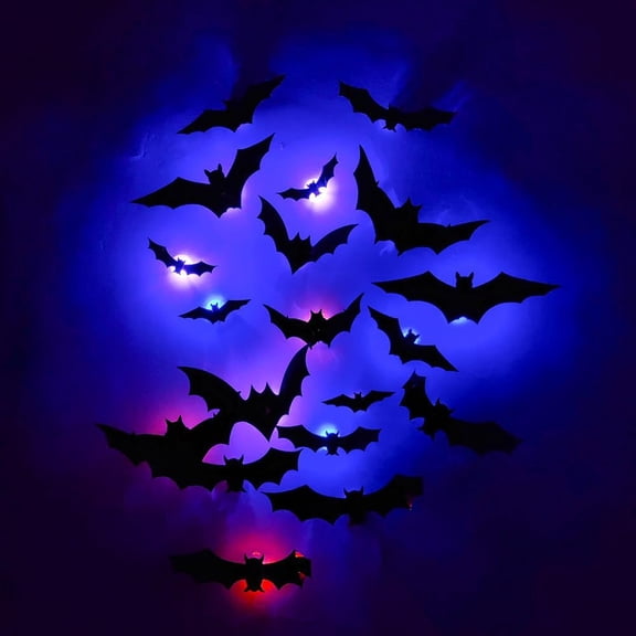 36 Pcs Halloween Stickers with Lights, 3D Halloween Bat Stickers,LED Black Bats Stickers for Wall Window Clings,Glow in The Dark Bats Stickers Wall Decals Decorations
