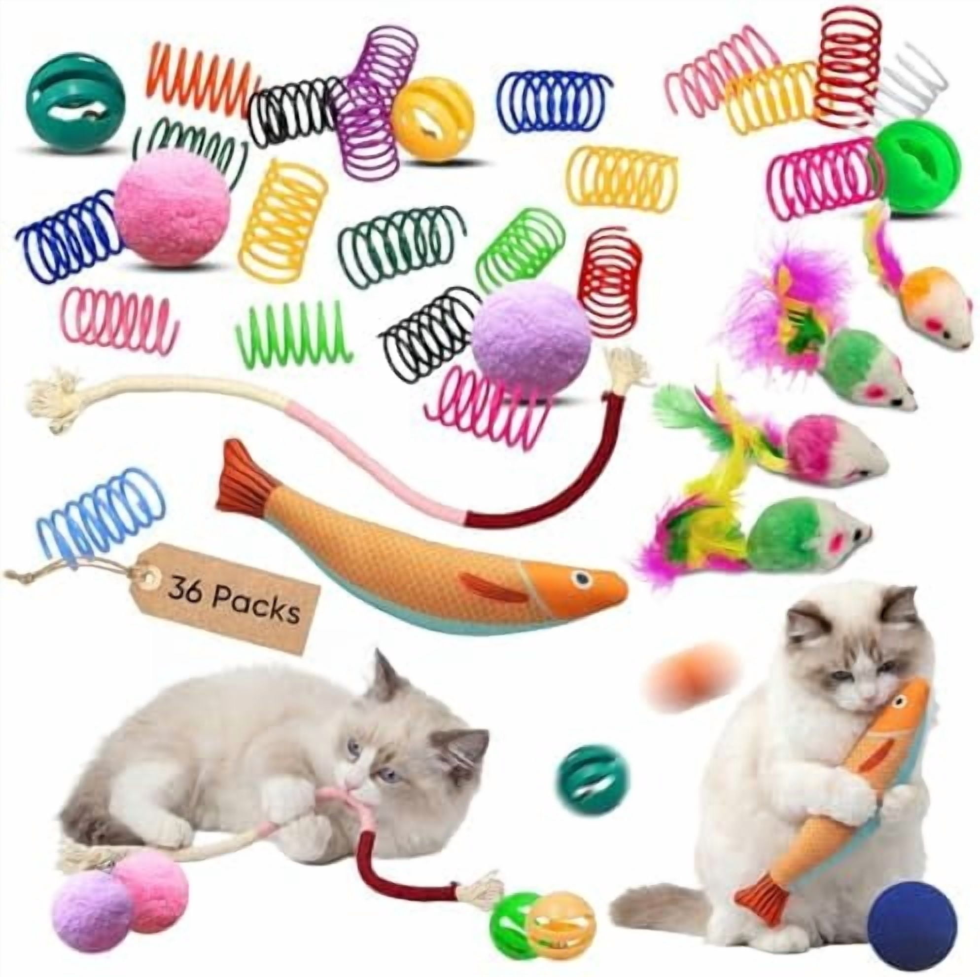 36 Pcs Interactive Cat Toys Set for Indoor Cats Kitten Toys Variety Pack Includes Plush Fish, Chew Ropes,12Colors Cat Springs, Feather Mice and Balls Best Gift to Relieve Boredom for Adult Cats