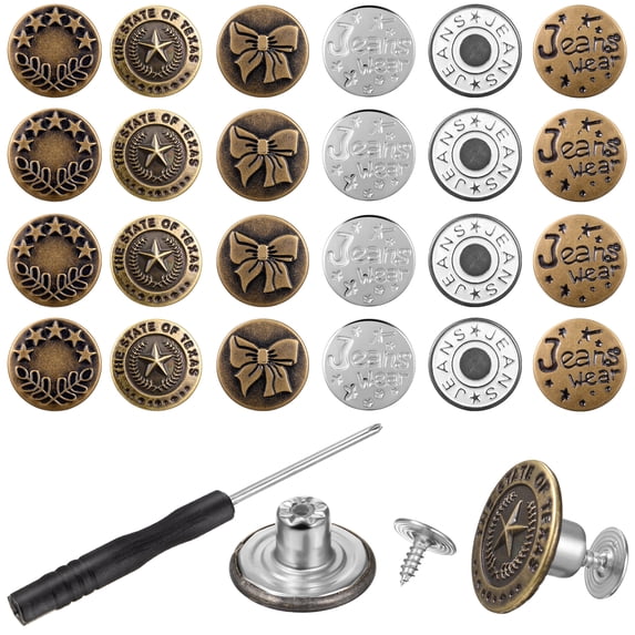 36 Pcs Copper Jeans Replacement Buttons with Screwdriver, No-Sew Removable Denim Pants Repair Kit
