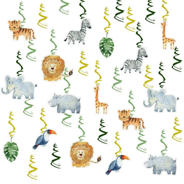 36 Pcs Jungle Theme AIF4 Baby Shower Decor, Animals Hanging Swirls