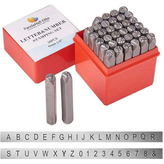 36 Pcs Letter and Number Metal Stamp Set 1/4 inch 6mm Alphabet A-Z and Number 0-9 and Symbol Iron Uppercase Stamps Punch Press Tool