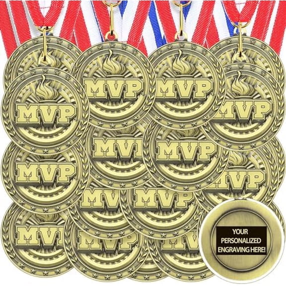 36 Pcs MVP Victory Torch Award Medals with Neck Ribbons Bulk Gold Medals for Awards Volleyball Soccer Football Champion Trophy Most Valuable Player for Team Sports Events Prizes Winner