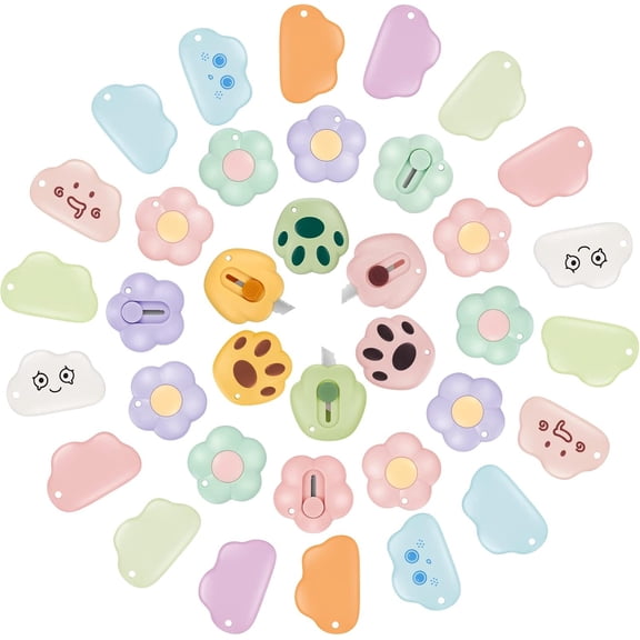 36 Pcs Mini Retractable Box Cutter, Bear Claw Mini Flower Cloud Shaped Art Utility Knives Plastic Portable Small Letter Opener Slide Open for Envelopes Cutting DIY Crafts Multi-color