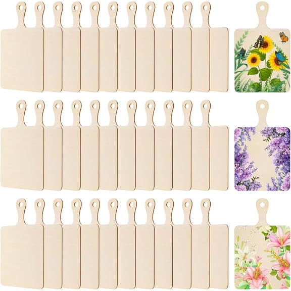 36 Pcs Mini Wooden Cutting Board for Crafts, Small Charcuterie Boards Bulk with Handles Unfinished Wood Paddle Blank Chopping Plank for DIY Kitchen Thanksgiving Christmas Cooking Decor(8.86x5.39 Inch