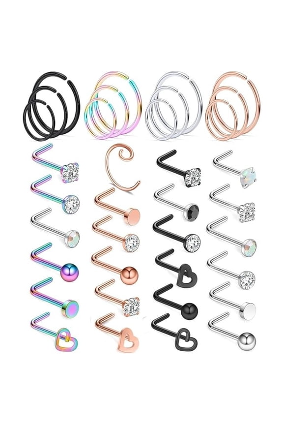 36 Pcs Nose Piercing Jewelry Set - 18G/20G/22G, 4 Inner Diameters, Polished 316L Steel L-Shape Studs & Hoops, With Gift Storage Bag,Easy Insert & Comfort Fit - For Daily Wear, Parties, Gifts All Year