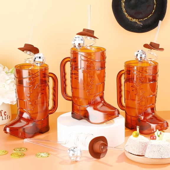 36 Pcs Party Supplies, 12 Brown Drink Mugs 12 Cowgirl Hat Straws 12 Mirror Disco Ball Stirrers for Western Theme Birthday Party Favors Decoration