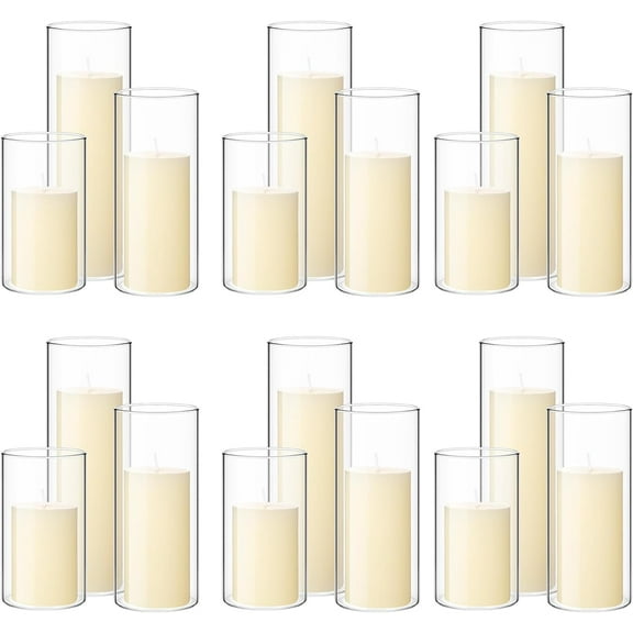 36 Pcs Pillar Candles and Glass Cylinder Vases Tall Cylinder Holders for Pillar Candles Wedding Centerpieces, Total 18 Sets(2.6'' X 4.7'', 5.9'', 7.9'',Clear,Ivory White)