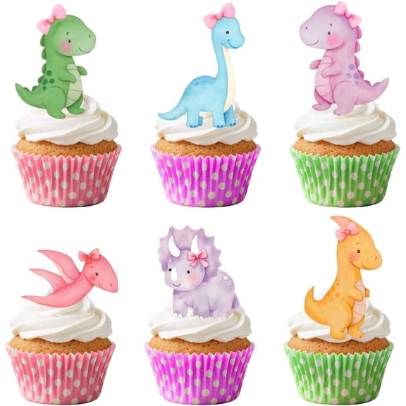 36 Pcs Pink Dinosaur Cupcake Toppers - Dino Cake Toppers for Girls Birthday, Baby Shower, Three Rex Theme Party Decor, Dino Favors, Dinosaur Cake Decorations