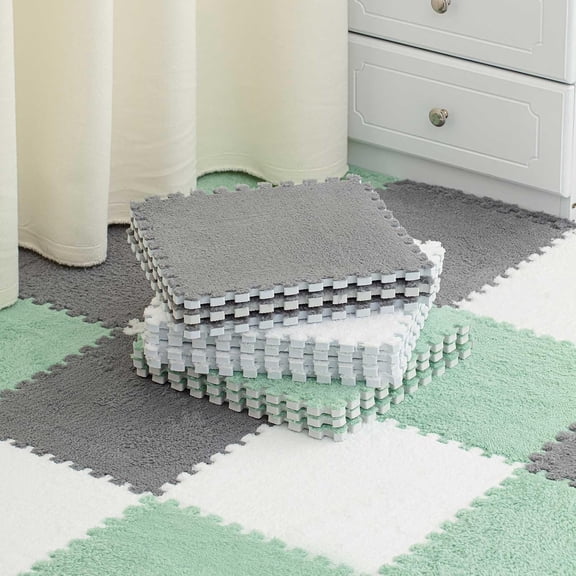 36 Pack Plush Foam Floor Mat Square Interlocking Carpet Tiles with Border Fluffy Play Mat Floor Tiles Soft Climbing Rugs for Bedroom Playroom, 12 x 12 x 0.4 in(White, Gray, Mint Green)