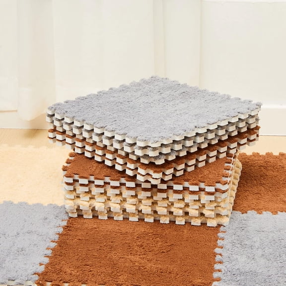36 Pcs Plush Foam Floor Mat Square Interlocking Carpet Tiles with Border Fluffy Play Mat Floor Tiles Soft Climbing Area Rugs for Home Playroom, 12 x 12 x 0.4 in (Apricot,Coffee,Gray