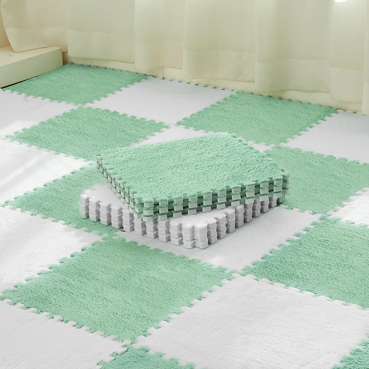 36 Pack Plush Foam Floor Mat Square Interlocking Carpet Tiles with Border Fluffy Play Mat Floor Tiles Soft Climbing Rugs for Bedroom Playroom, 12 x 12 x 0.4 in(White, Mint Green)