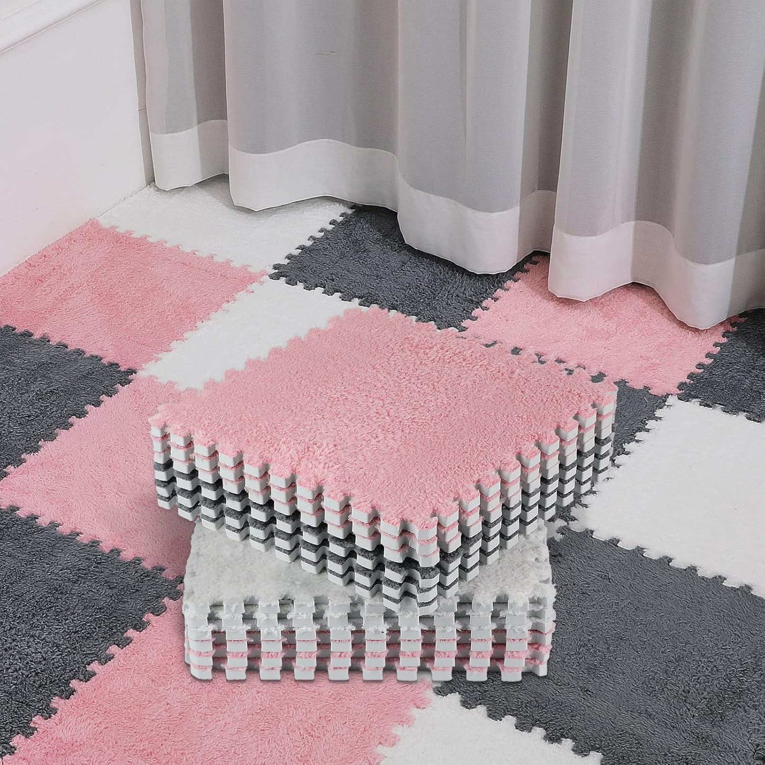 36 Pack Plush Foam Floor Mat Square Interlocking Carpet Tiles with Border Fluffy Play Mat Floor Tiles Soft Climbing Rugs for Bedroom Playroom, 12 x 12 x 0.4 in(White, Pink, Gray)