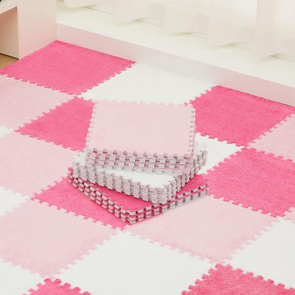 36 Pack Plush Foam Floor Mat Square Interlocking Carpet Tiles with Border Fluffy Play Mat Floor Tiles Soft Climbing Rugs for Bedroom Playroom, 12 x 12 x 0.4 in(White, Pink, Rose Red)