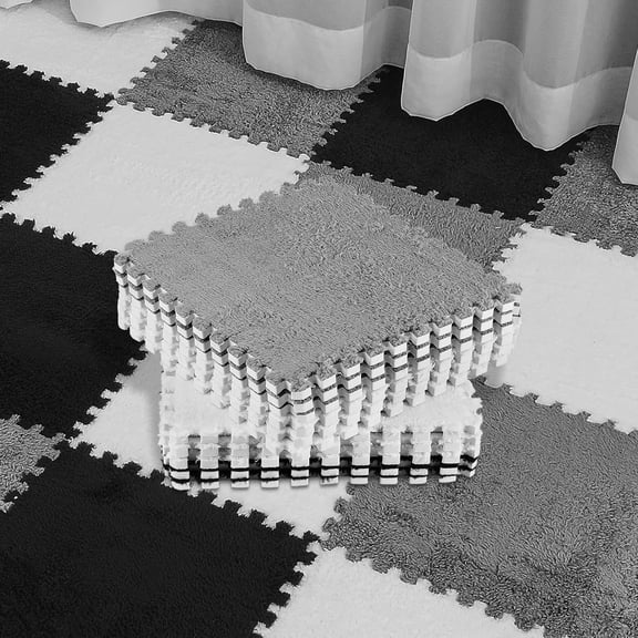 36 Pack Plush Foam Floor Mat Square Interlocking Carpet Tiles with Border Fluffy Play Mat Floor Tiles Soft Climbing Rugs for Bedroom Playroom, 12 x 12 x 0.4 in(Black, White, Gray)