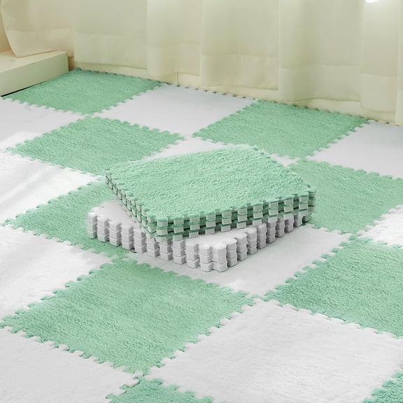 36 Pcs Plush Foam Floor Mat Square Interlocking Carpet Tiles with Border Fluffy Play Mat Floor Tiles Soft Climbing Area Rugs for Home Playroom, 12 x 12 x 0.4 in (White,Mint Green)