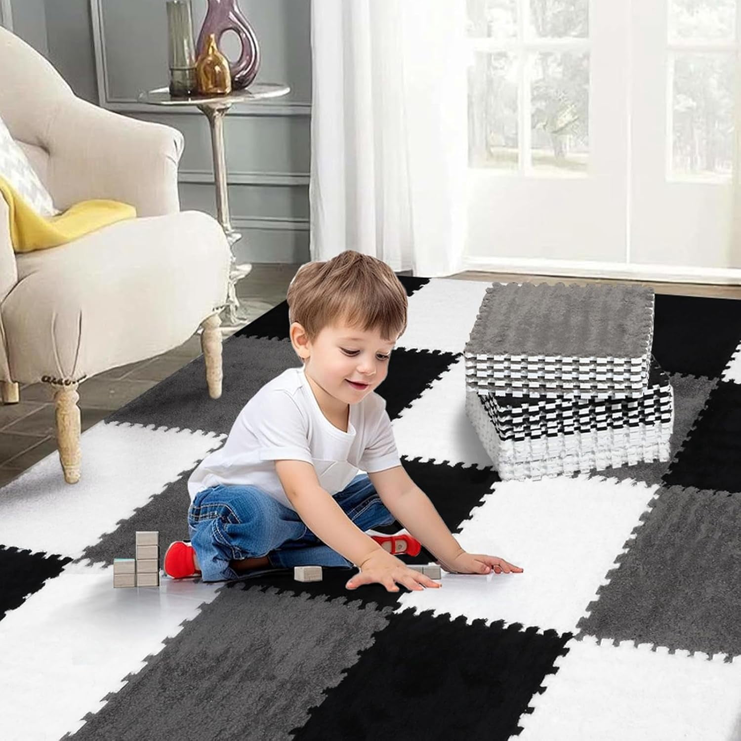 36 Pcs Plush Interlocking Carpet Tiles, Non-Toxic Foam Carpet Tiles for Toddler Baby, Anti-Slip, EVA Foam Interlocking Tiles for Floor, Nursery, Playroom, Grey White Black