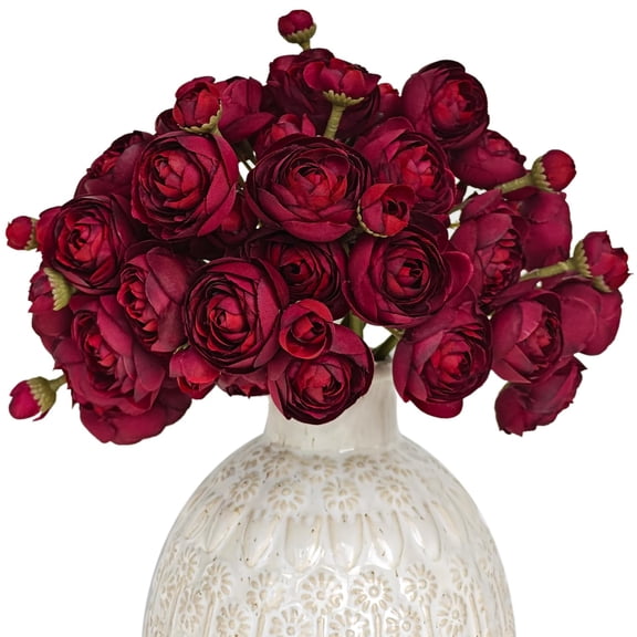 36 Pcs Ranunculus Artificial Flower Red Silk Ranunculus Wedding Bouquet Engagement Centerpieces Arrangements Bridal Shower Decorations Home Decor, Dark Red