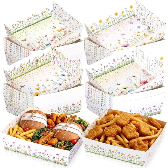 36 Pcs Spring Wildflower Party Supplies 5 lbs Floral Nacho Boats Large Paper Serving Trays for Spring Garden Theme Picnic Wedding Birthday Tea Party