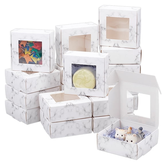 36 Pcs Square Paper Boxes with Clear Window 3x3x1.2 Inch Marble Printed Paper Packaging Box Foldable Gift Box for Birthday Party Wedding Graduation