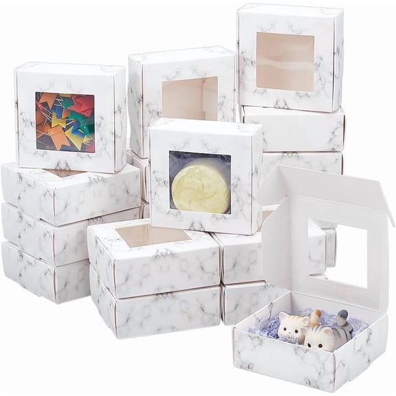 36 Pcs Square Paper Boxes with Clear Window 3x3x1.2 Inch Marble Printed Paper Packaging Box Foldable Gift Box
