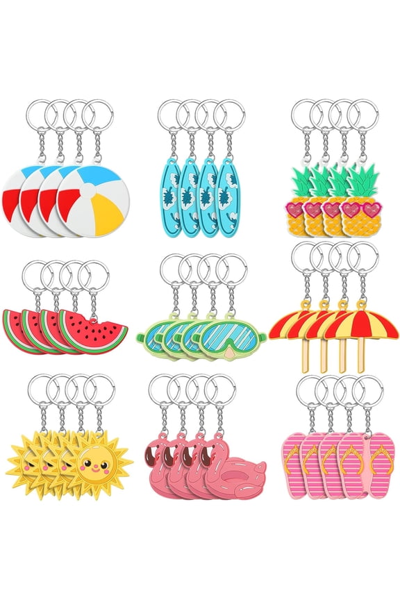 36 Pcs Summer Party Keychains Beach Flamingo Pineapple Turtle Surfboard Keychain for Summer Pool Theme Favor Luau Tropical Hawaiian Sea Party Supplies, 9 Styles(Pool Style)