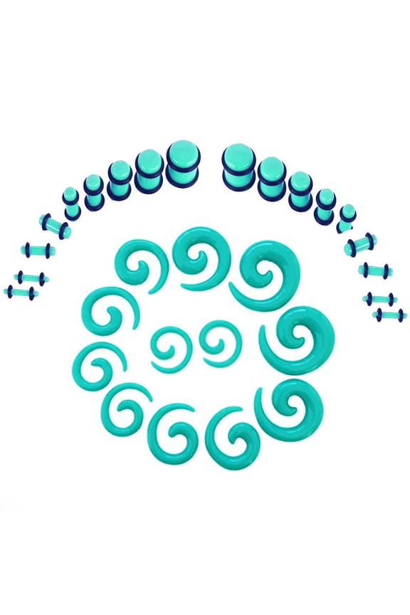 36 Pcs Teal Acrylic Spiral Taper Stretching Kit w/ Plugs and O-Rings (00ga-14ga)