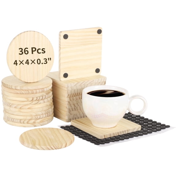 36 Pcs Unfinished Wood Coasters for DIY Crafts - 4" Blank Wooden Coasters Square & Round with Non-Slip Silicone Stickers for Painting, Engraving, Home Decoration