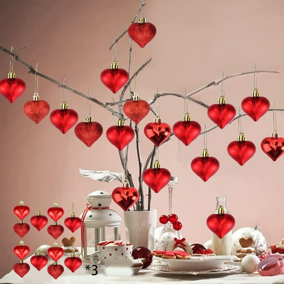 36 Pcs Valentine Decor Heart Hanging Ornaments Red Series Fabrics Decoration Metal Hook Valentine's Day Decorations for Tree Home