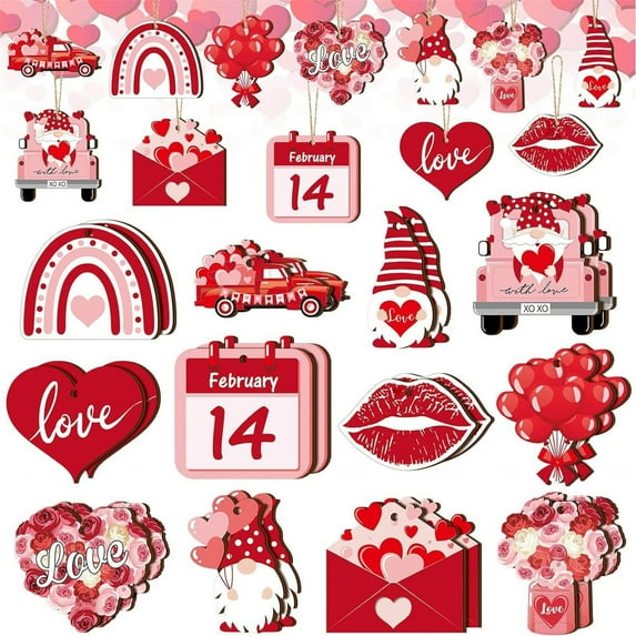 36 Pcs Valentine's Day Wooden Ornaments 2D Valentine Tree Decorations Solid Heart Love Hanging Wood Pendant Valentine's Day Ornament for Tree Home Indoor Decor Red*36 1.5 In